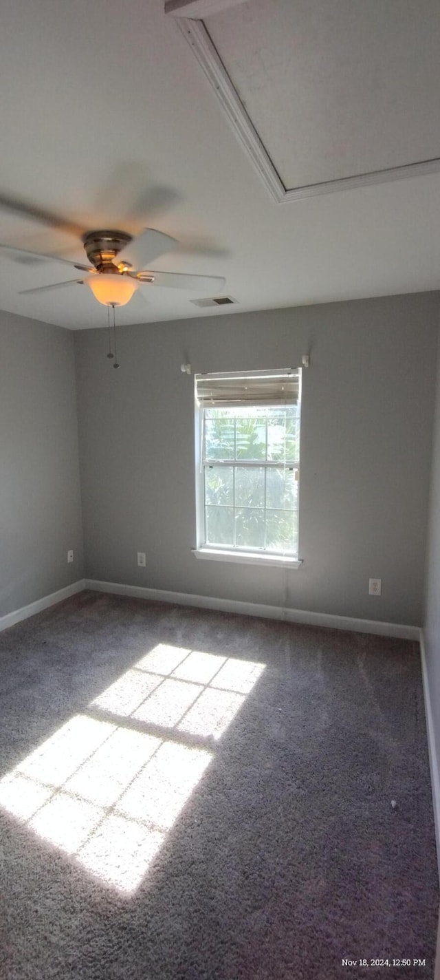 carpeted spare room with ceiling fan