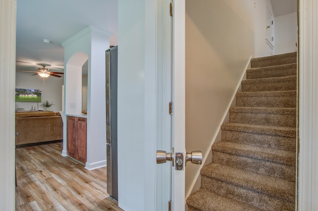 stairs with ceiling fan, ornamental molding, and hardwood / wood-style flooring