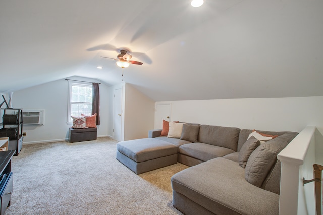 living room with light colored carpet, ceiling fan, vaulted ceiling, and a wall mounted AC