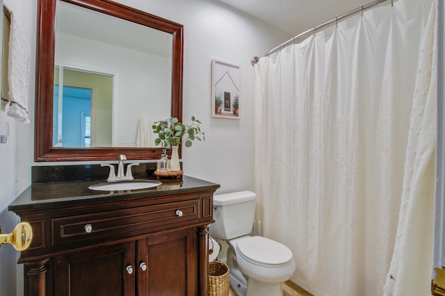 bathroom featuring vanity, toilet, and a shower with shower curtain