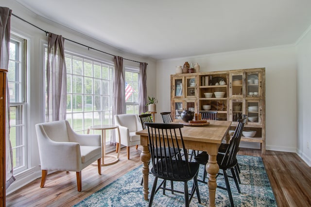 dining room with crown molding and hardwood / wood-style floors