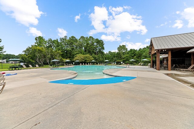 view of swimming pool featuring a patio area