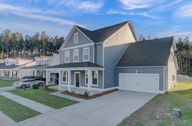 view of front facade with a front yard, covered porch, and a garage