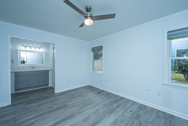 interior space featuring ceiling fan, ornamental molding, sink, and wood-type flooring