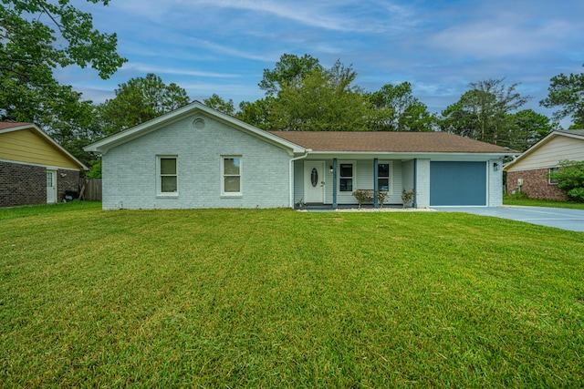 single story home featuring a garage, a front yard, and a porch