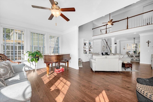 1003 Jervey Point Rd, Wando, SC 29492 - living area featuring a ceiling fan, ornamental molding, wood finished floors, stairway, and baseboards