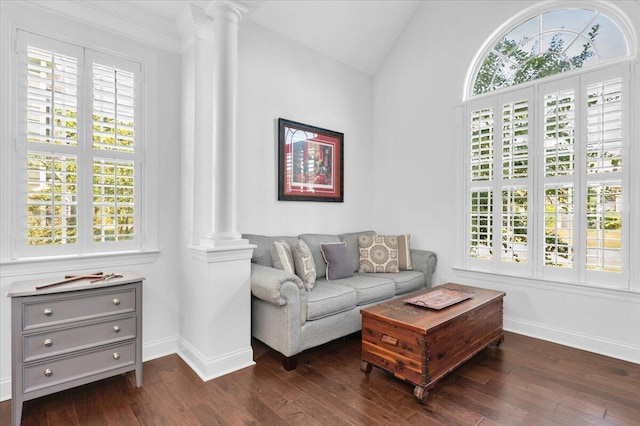 1003 Jervey Point Rd, Wando, SC 29492 - living room featuring ornate columns, baseboards, dark wood-type flooring, and lofted ceiling