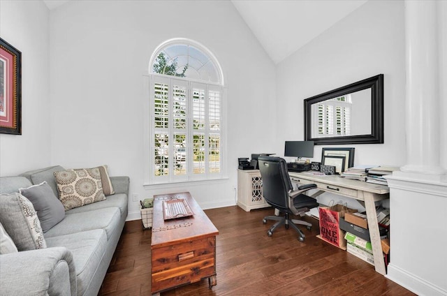 1003 Jervey Point Rd, Wando, SC 29492 - office area featuring vaulted ceiling, dark wood-type flooring, decorative columns, and baseboards