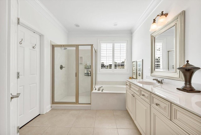 1003 Jervey Point Rd, Wando, SC 29492 - bathroom featuring a garden tub, a stall shower, vanity, crown molding, and tile patterned floors