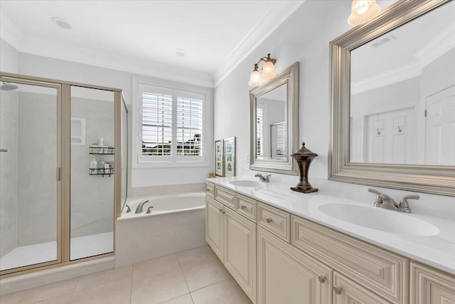 1003 Jervey Point Rd, Wando, SC 29492 - full bathroom with a stall shower, a garden tub, double vanity, crown molding, and tile patterned floors