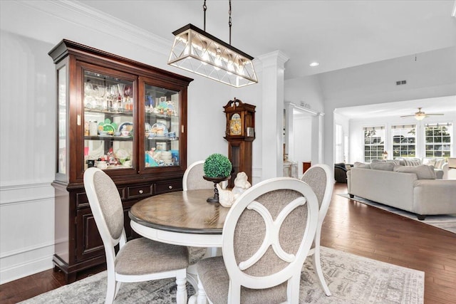 1003 Jervey Point Rd, Wando, SC 29492 - dining room with dark wood-style flooring, a ceiling fan, recessed lighting, decorative columns, and baseboards