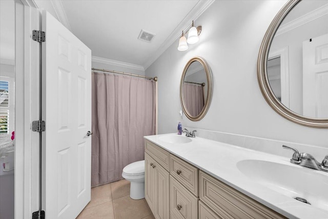 1003 Jervey Point Rd, Wando, SC 29492 - full bath with ornamental molding, toilet, double vanity, tile patterned floors, and a shower with curtain