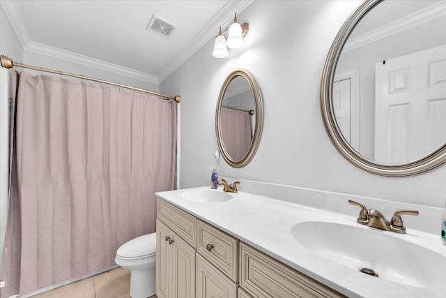 1003 Jervey Point Rd, Wando, SC 29492 - full bath featuring toilet, ornamental molding, double vanity, tile patterned floors, and a shower with curtain