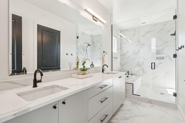 bathroom with plus walk in shower and vanity