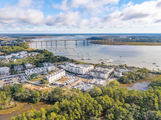 aerial view featuring a water view