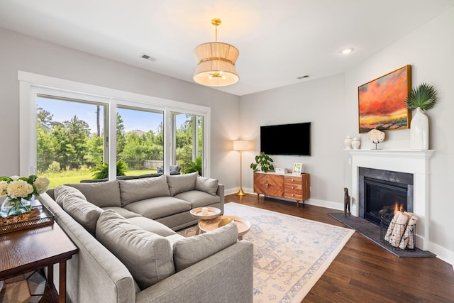125 Integrity Ln, Charleston, SC 29492 - living area with baseboards, dark wood-style floors, a glass covered fireplace, and recessed lighting