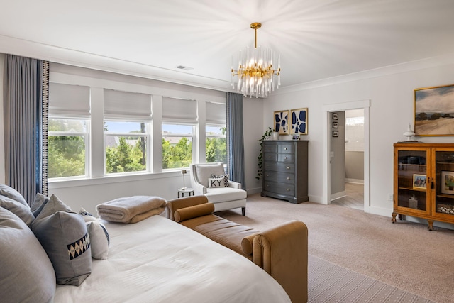 125 Integrity Ln, Charleston, SC 29492 - carpeted bedroom with a chandelier, ornamental molding, baseboards, and ensuite bathroom