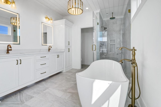 bathroom with independent shower and bath, vanity, and ornamental molding