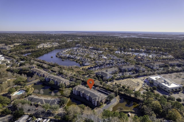 drone / aerial view featuring a water view