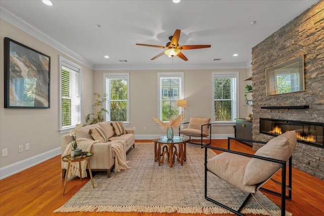 656 Coleman Blvd Unit 405, Mount Pleasant, SC 29464 - living area featuring baseboards, a stone fireplace, ornamental molding, and wood finished floors