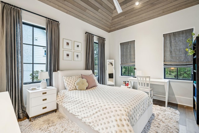 bedroom featuring ceiling fan, wood ceiling, and multiple windows