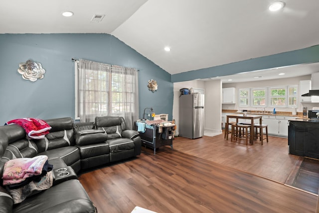 2170 Midland Park Rd, North Charleston, SC 29406 - living room with dark wood-type flooring, recessed lighting, and high vaulted ceiling