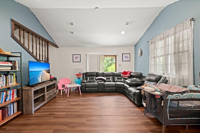 2170 Midland Park Rd, North Charleston, SC 29406 - living room with vaulted ceiling, wood finished floors, and recessed lighting
