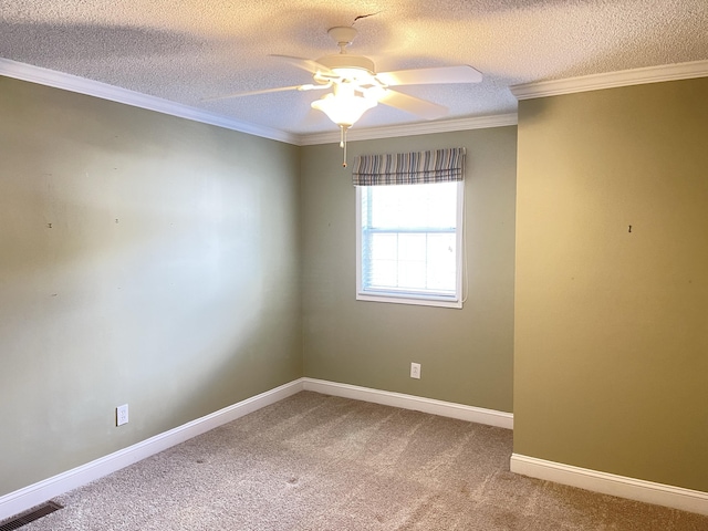 empty room featuring crown molding, carpet, and a textured ceiling