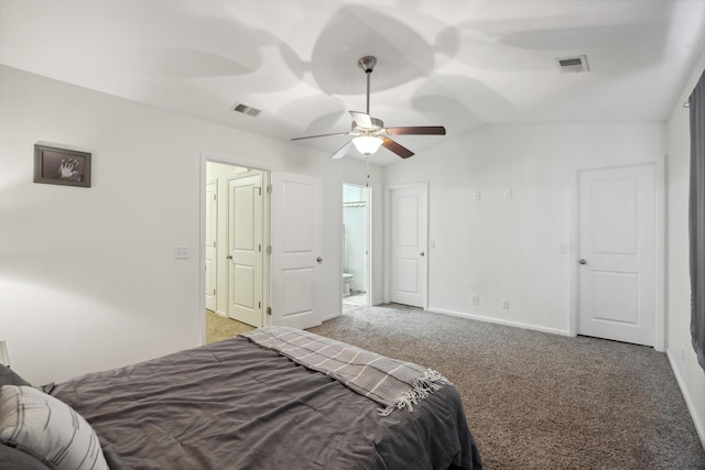9088 Parlor Dr, Ladson, SC 29456 - bedroom featuring light carpet, baseboards, ensuite bath, lofted ceiling, and ceiling fan