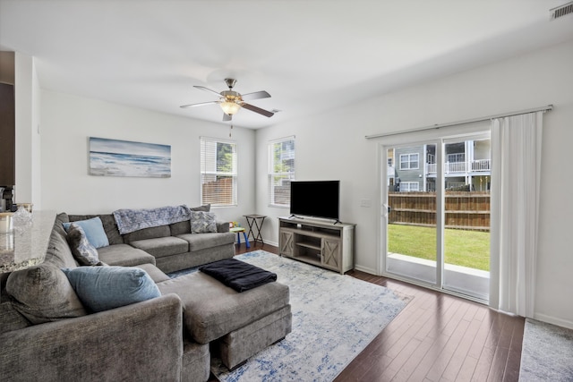 9088 Parlor Dr, Ladson, SC 29456 - living area with ceiling fan, wood finished floors, and baseboards