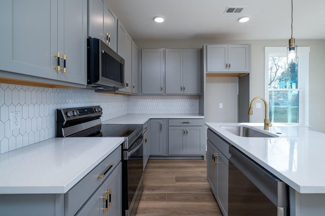 kitchen with a sink, appliances with stainless steel finishes, and gray cabinetry