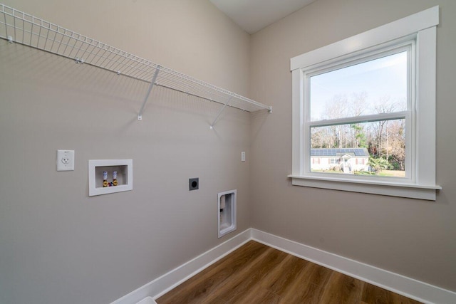 clothes washing area featuring baseboards, hookup for an electric dryer, laundry area, washer hookup, and dark wood-type flooring