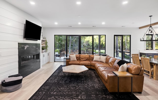 living room with a fireplace and light hardwood / wood-style flooring