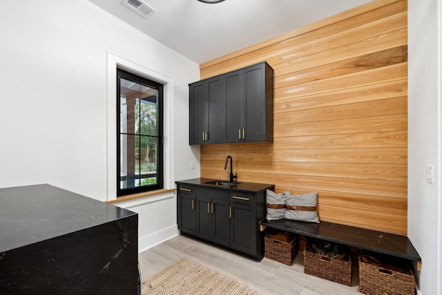 interior space with wood walls, sink, and light wood-type flooring