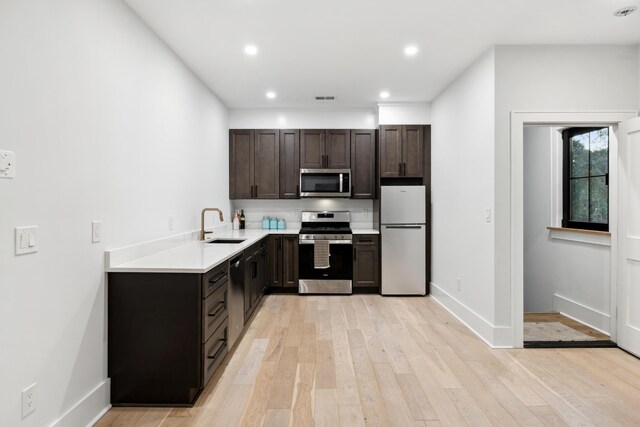 kitchen featuring sink, dark brown cabinetry, light hardwood / wood-style floors, and stainless steel appliances