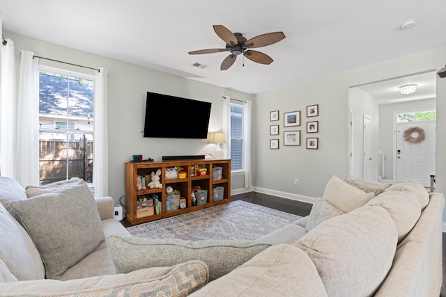 1199 Landau Ln, Mount Pleasant, SC 29466 - living area featuring ceiling fan, wood finished floors, and baseboards