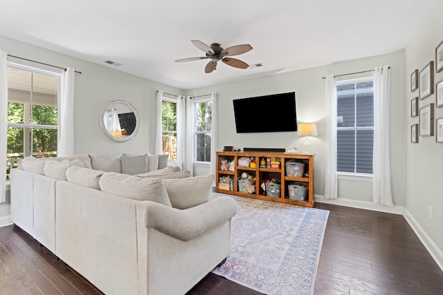 1199 Landau Ln, Mount Pleasant, SC 29466 - living room with ceiling fan, dark wood-style flooring, and baseboards