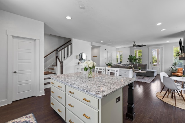 4419 Louisa Ln, North Charleston, SC 29405 - kitchen with open floor plan, a kitchen island, dark wood-style flooring, ceiling fan, and recessed lighting