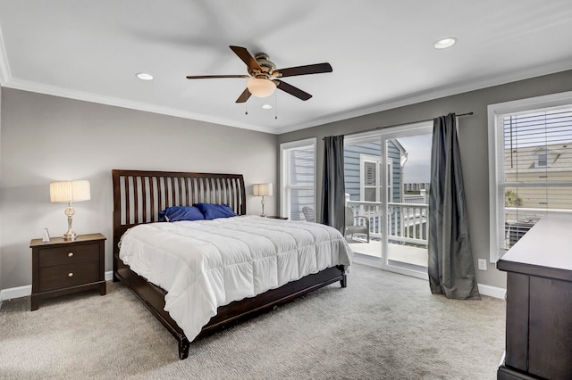 bedroom featuring access to outside, ceiling fan, light colored carpet, and ornamental molding