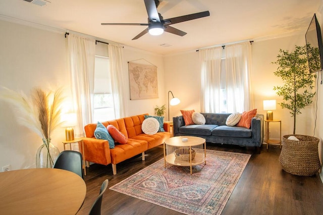 1137 Dickson Ave, Hanahan, SC 29410 - living area with healthy amount of natural light, a ceiling fan, wood finished floors, and ornamental molding
