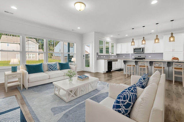 living room featuring ornamental molding, light hardwood / wood-style flooring, and a wealth of natural light