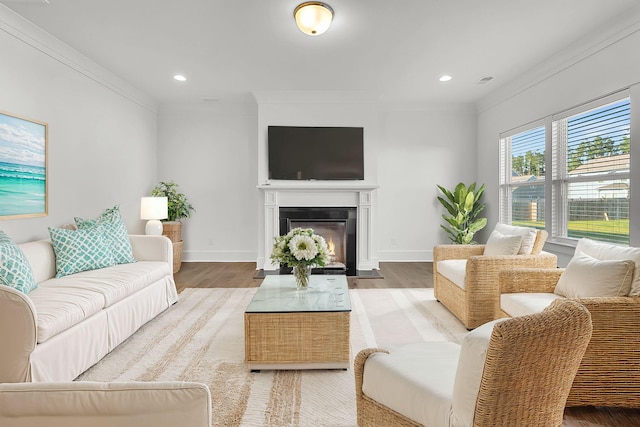 living room with wood-type flooring and ornamental molding