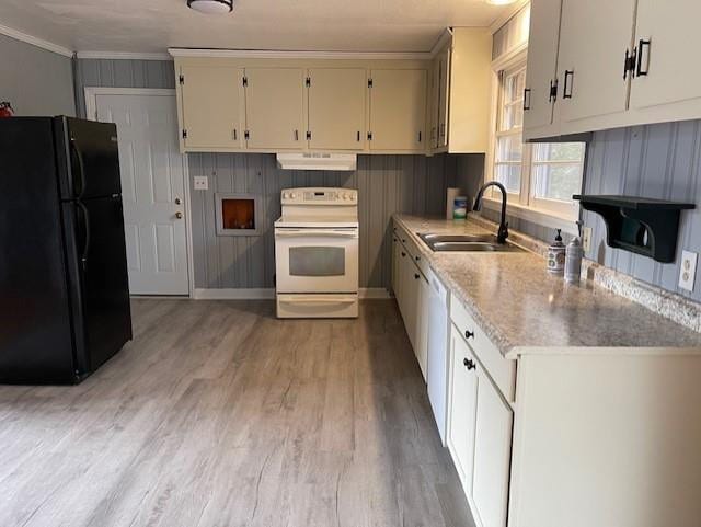 kitchen featuring white cabinets, sink, white appliances, light hardwood / wood-style flooring, and extractor fan