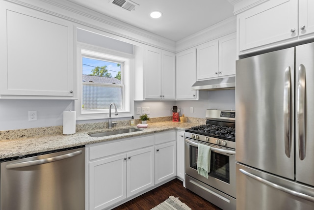 kitchen featuring a sink, visible vents, white cabinetry, under cabinet range hood, and appliances with stainless steel finishes