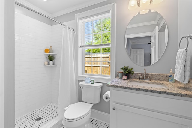 bathroom with toilet, ornamental molding, and a stall shower