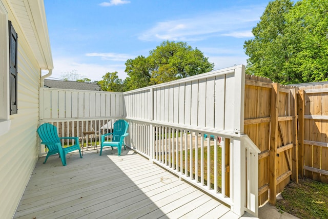 wooden terrace with a fenced backyard