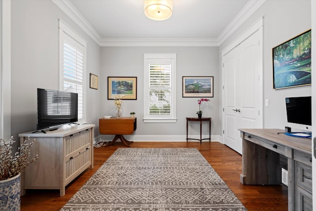 3739 Goodwater St, Mount Pleasant, SC 29466 - office area with ornamental molding, dark wood finished floors, and baseboards