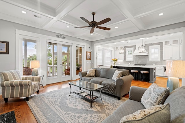 3739 Goodwater St, Mount Pleasant, SC 29466 - living area with french doors, coffered ceiling, ceiling fan, beamed ceiling, and recessed lighting