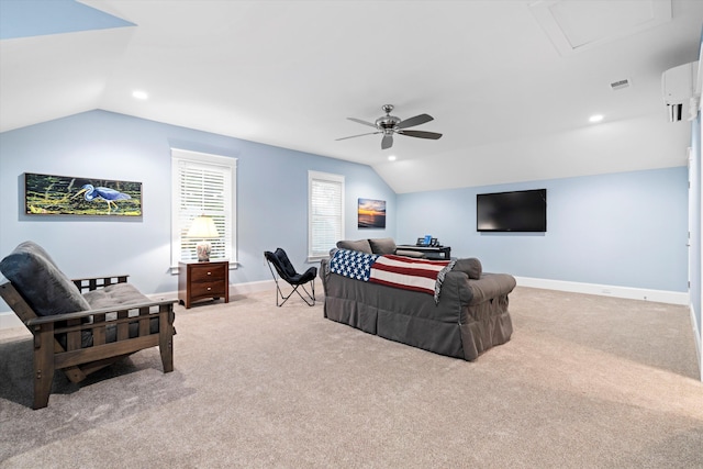 3739 Goodwater St, Mount Pleasant, SC 29466 - living room featuring lofted ceiling, light colored carpet, baseboards, ceiling fan, and attic access