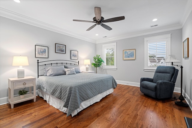 3739 Goodwater St, Mount Pleasant, SC 29466 - bedroom featuring ornamental molding, baseboards, recessed lighting, wood finished floors, and a ceiling fan
